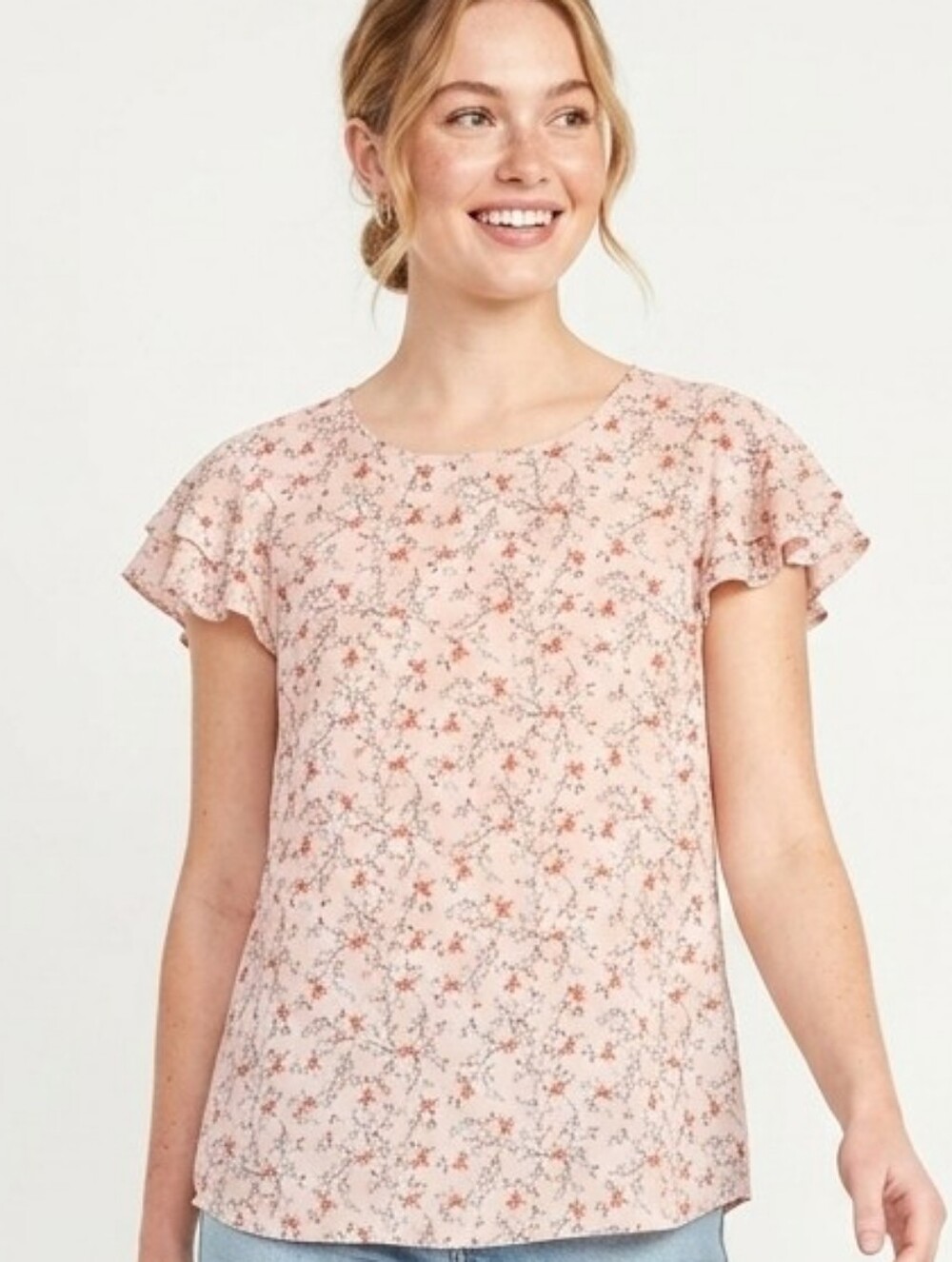 Active USA Pink Floral Flutter-Sleeve Blouse